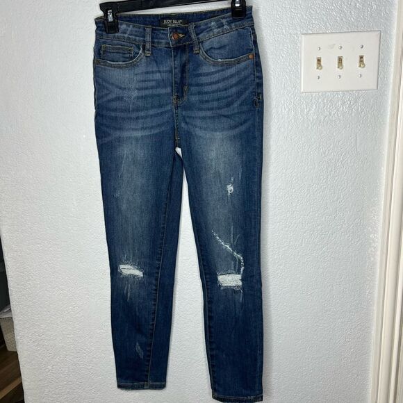 Judy Blue Relax Fit Whiskered Light Distressed Dark Blue Wash Women Jeans Sz 27 - Picture 2 of 11